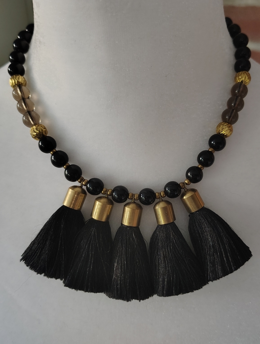 Ann Taylor Black Tassel Necklace with Gold Accents